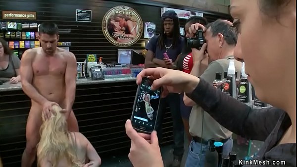 Toni ribas drags hot busty pawg blonde slave danielle delaunay in public sex shop and there fucks her deep throat and tight ass with big cock