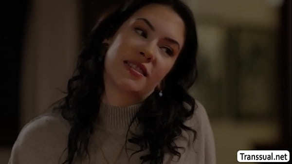 Lovely brunette goes to the room of her shemale stepsister and lets her lick her pussy.In return,she throats her hard shecock and rides it. 