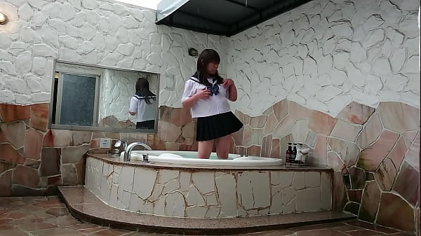 Japanese sissy with Japanese school uniform takes a bath. 