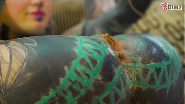 Anal solo tattoo girl sexy fishnets highheels stocking solo anal xl dildo play