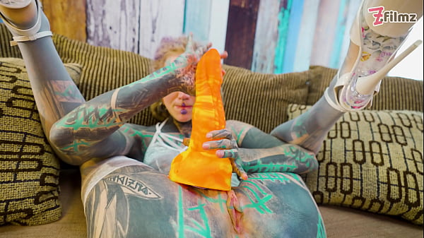 Anal solo tattoo girl sexy fishnets highheels stocking solo anal xl dildo play