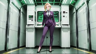 AI generated-Blonde Boss in Purple Suit! Office &amp_ Train Private Moments. She'_s multitasking with files while secretly adjusting her skirt... That gaze is deadly!