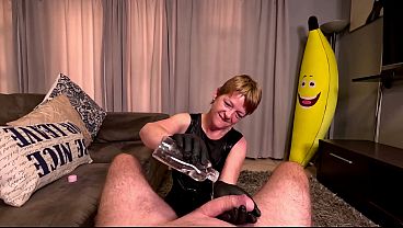 Mature WHORE wearing blackdress jerking my BIG COCK in LATEX GLOVES POV CUMSHOT