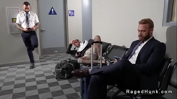 Flight attendant Drew Valentino on hook up app finds businessman Brogan in same waiting room and he takes him in public rest room for anal sex 