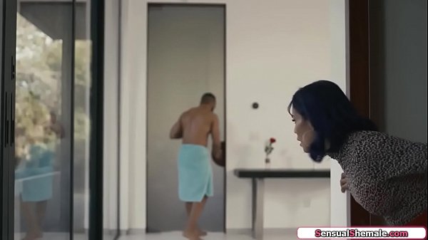 Guy is leaving his gfs room when his gfs TS Foxxy brings him into her room.He sucks her tits and the tranny gives him a bj and he barebacks her 