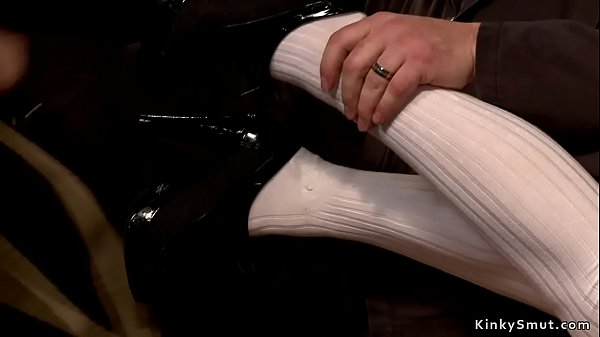 Hot blonde slave gets pussy vibrated on hogtie 