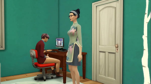 Stepmother takes her 's step son virginity after catching him massaging