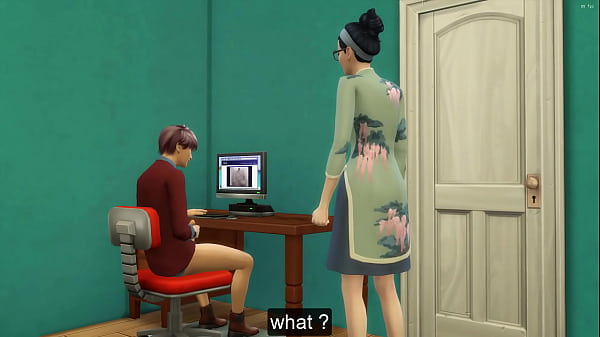 Play MP4 - Asian stepmom catches her stepson again masturbating in his room watching a porn movie in front of the computer and she decided to help him by having sex with him