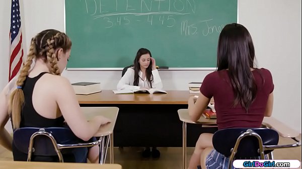 18yo shares a pornpicture of the detention teacher with her teacher finds out and since they have an hour left why not put it to gets them naked and lets on lick her pussy while the other facesits her