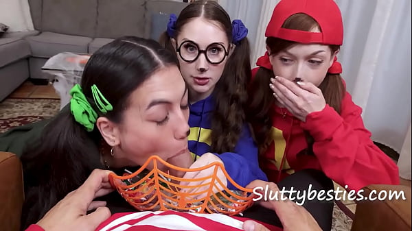 3 teen best friends halloween candy heist turns into a sperm feast 