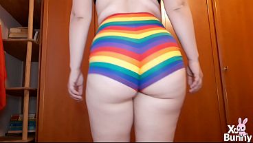 Big Fat Perfect Ass Walking Wearing Rainbow Booty Shorts In Front Of You thumbnail