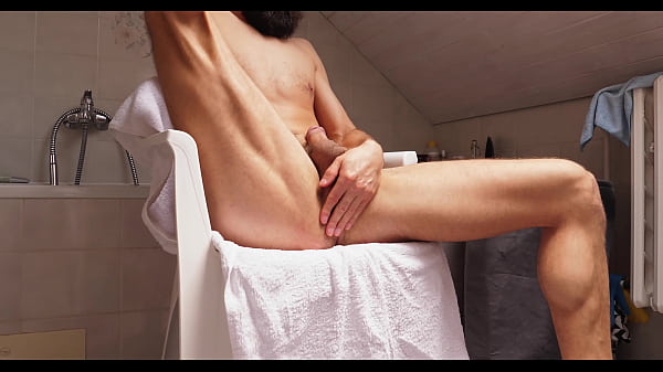 Jerking off hard cock in bathroom while streching muscle legs and pulsing asshole during orgasm 