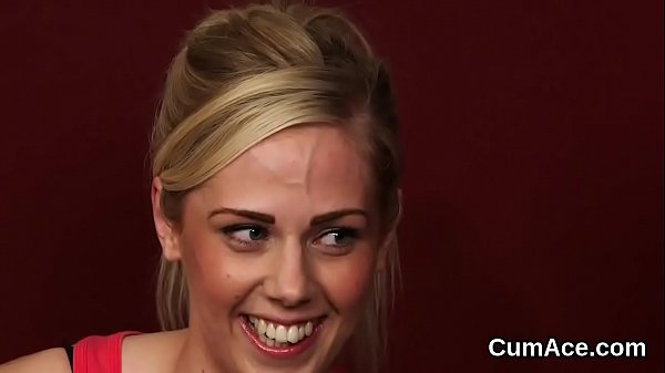 Nasty stunner gets jizz load_on her_face eating all_the cream