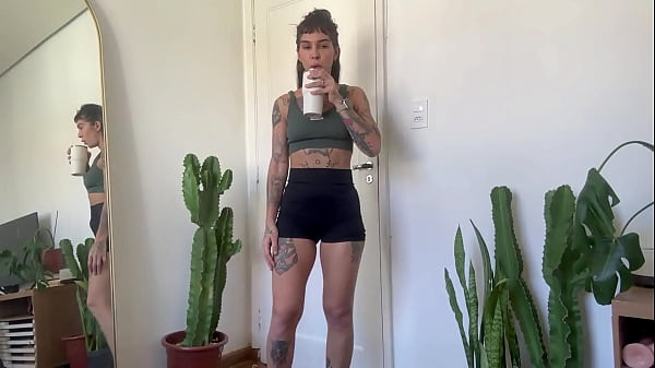 Inked girl rubber band workout warm up strength sfw yoga fitness