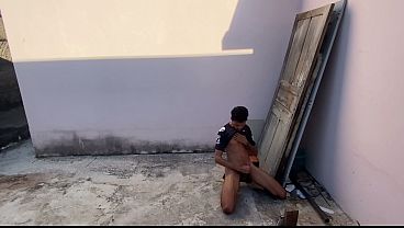 Skinny guy with a big dick jerking off in the street