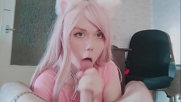 Pink haired catgirl eating cum
