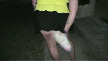Trashy milf inserts huge butt plug tail with led lights and walks to ocean past swimmers preview