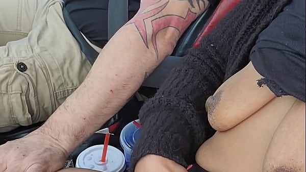 Ridingaround with my breast out then pulling over for for a_golden shower n me peeing