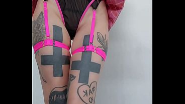 Tattooed Redhead Teases Under Pink Plaid Skirt