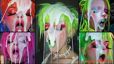 Girls with messy make up and colored hair do massive facials 