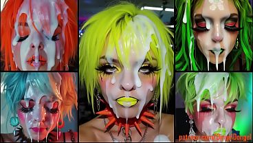 Girls with messy make up and colored hair do massive facials 
