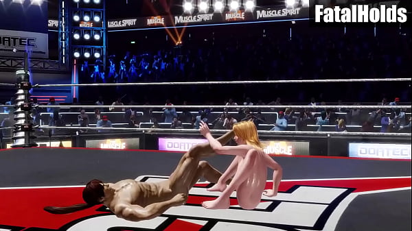 Nude mixed wrestling woman breaks man's bones with submission holds 