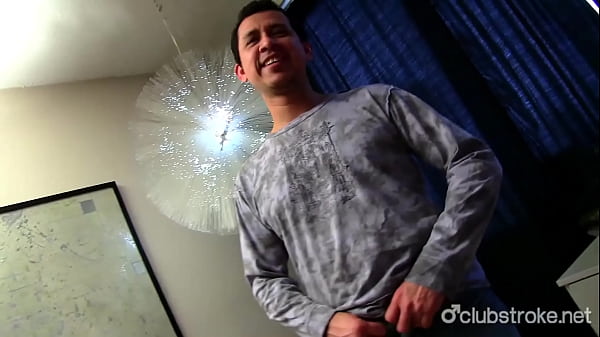 Tempting amateur straight guy with hairy chest masturbating his hard shaft 