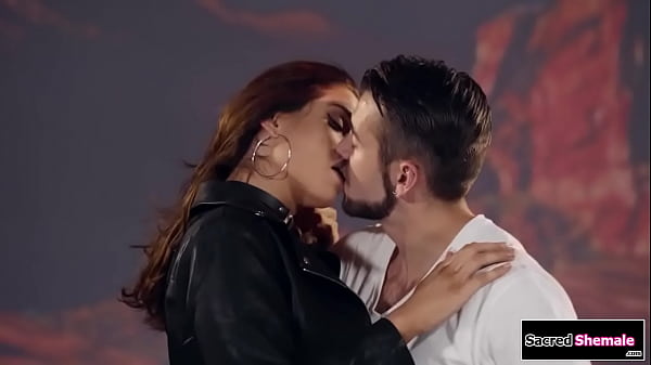 Trans biker Alexa Scout kisses a guy and he sucks her uncut cock.The small tits tgirl is rimmed and then the brunette shemale bareback rides his dick 