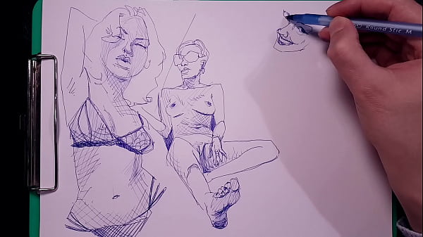Drawing sexy girls with big tits, juicy ass_with a ballpoint pen