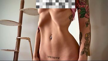 Ribs Fit Belly Naked Beautiful Goddess with Skinny Tattooed Body 