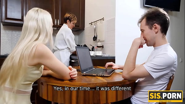 SISPORN. Horny guy stretches cute stepsister behind stepmothers back 