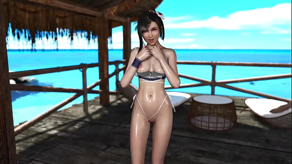 Skinny wet Tifa Lockhart in lowered bikini casually dancing on the beach
