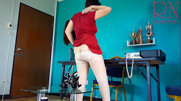 Secretary without panties.Try on white transparentpantyhose