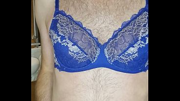 Crossdresser wearing Blue Wacoal Lingerie