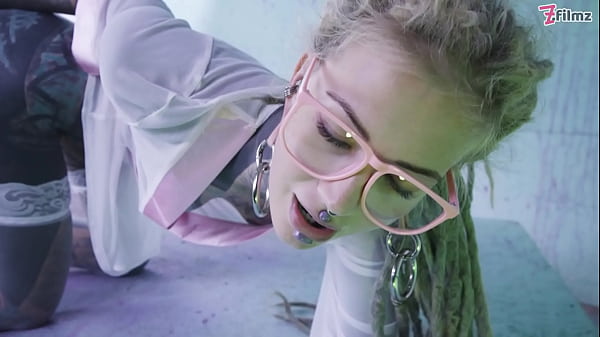 Tattood Girl with Glasses and buttplug Fucks a Tattooed Dick, DP, Facial 