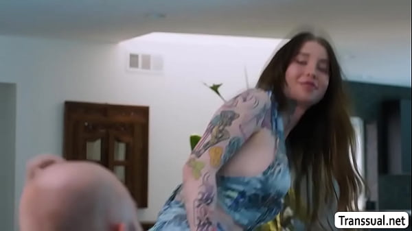 Seductive Trans woman Gracie Jane gives Cliff Jensen a passionate blowjob on the couch 