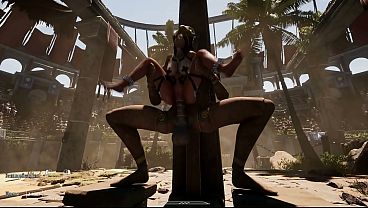 A crowd of strangers watch as Lara Croft's ass gets destroyed by a giant statue penis. BDSM outfit. 3D Hentai Game 