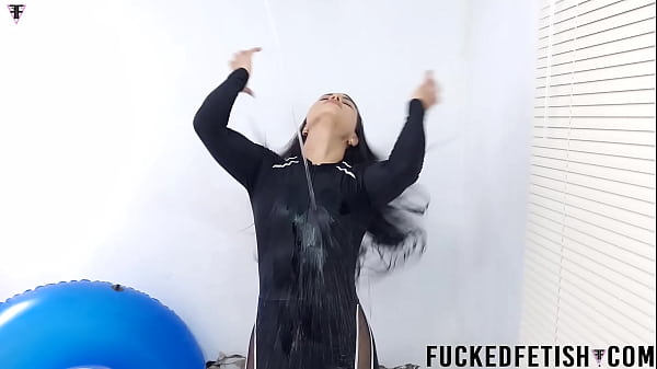 Curvy darkhair wetlook neoprene 