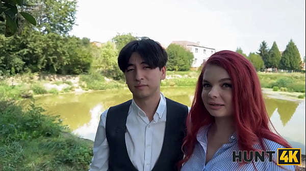 Play MP4 - HUNT4K&period; Little redhead whore with natural tits showed her sex skills in public in front of her BF