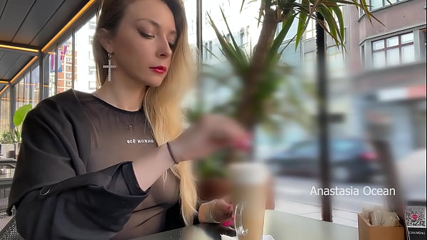 Drinking coffee and flashing boobs in cafe with people around