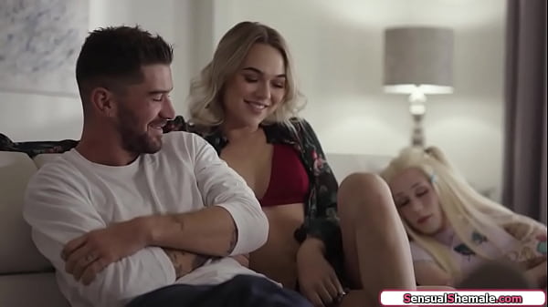 Shemale Emma Rose seduces stepsisters bf and kisses him as shes beside em.The small tits tgirl gives him a bj and is barebacked as she rides his cock 