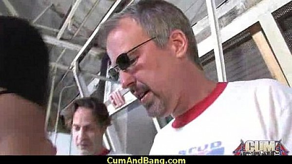 Super hot ebony chick blows a group of white dicks 4 