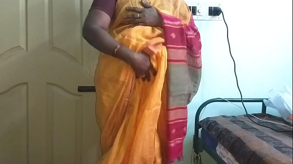 desi_indian horny tamil telugu kannada malayalam hindi cheating wife_vanitha_wearing_orange colour saree showing big_boobs and shavedpussy press hard boobs_press nip rubbing pussy_masturbation