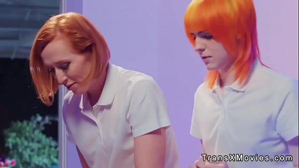 Redhead shemale girlfriends Jean Hollywood and Shiri Allwood giving massage to hot naked blonde babe Kenzie Anne then fucking her in mouth and pussy 