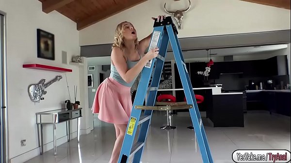 Kate is on the ladder while her bf keeps touching her ass it made her horny she went down and sucked his dick then her bf banged her ass
