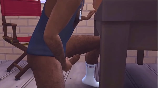 Soccer twinks in a training with coach. Threesome in coach's office. 