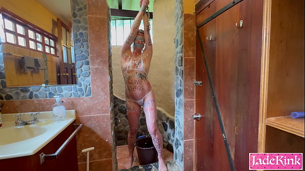 Sub slut tied in bathroom punished with foam spray