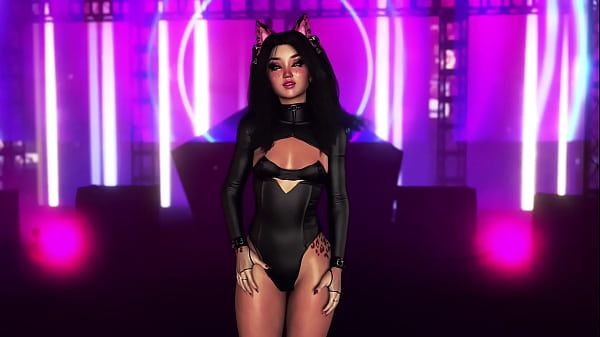 Exotic fluffycat girl in tight bodysuit dancing alone in night club