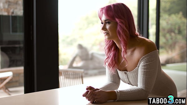 Busty pink haired cougar stepmom seducing her step son 