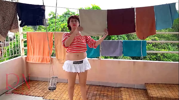 Naked laundry. The maid is drying clothes in the laundry.FULL